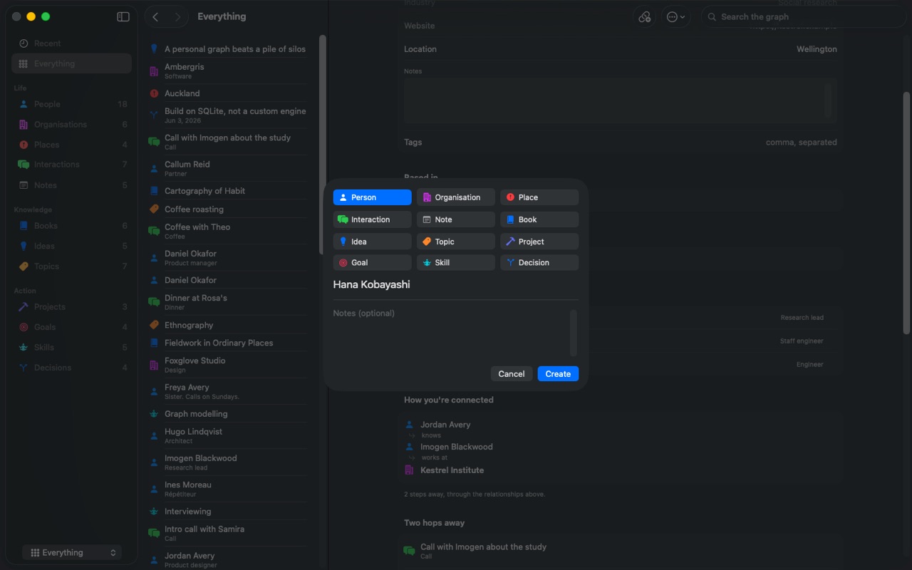 The quick capture sheet in Terrella, showing all twelve entity types in a grid with Person selected and a name being typed.